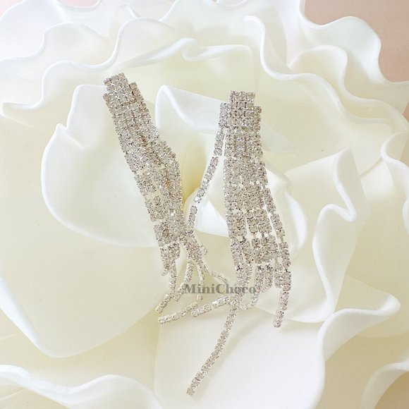 Silver Tone Rhinestone Fringe Double layer Earring - Picture 3 of 8